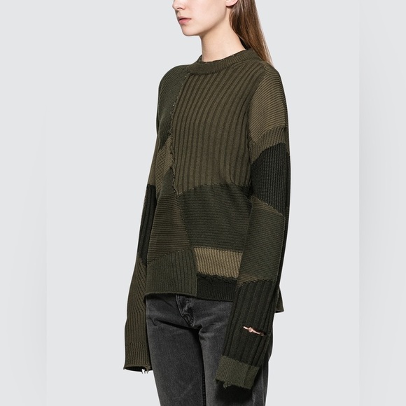 HELMUT LANG MILITARY GRUNGE CREW Long Sleeve Patchwork Sweater Green Large - Picture 2 of 15